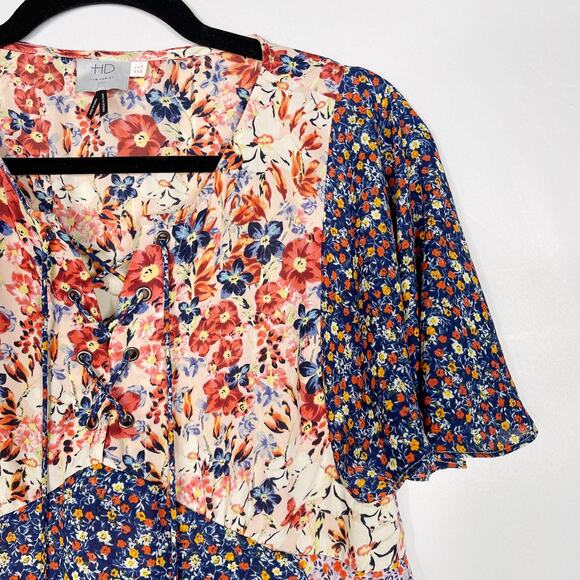 Anthropologie HD in Paris 0 Palo Alto Floral Blouse Floral Patchwork Tie Front - Picture 3 of 12